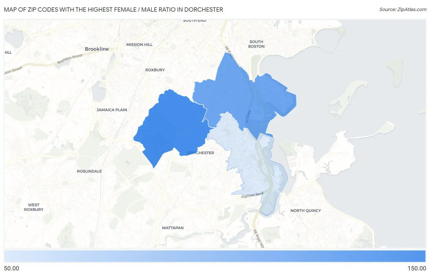 Zip Codes with the Highest Female / Male Ratio in Dorchester Map