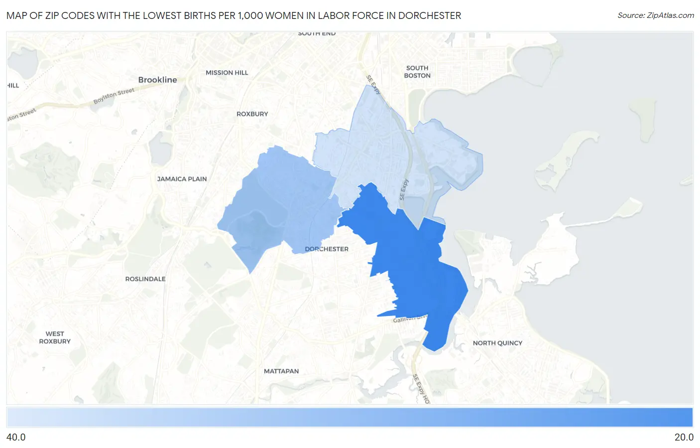 Zip Codes with the Lowest Births per 1,000 Women in Labor Force in Dorchester Map