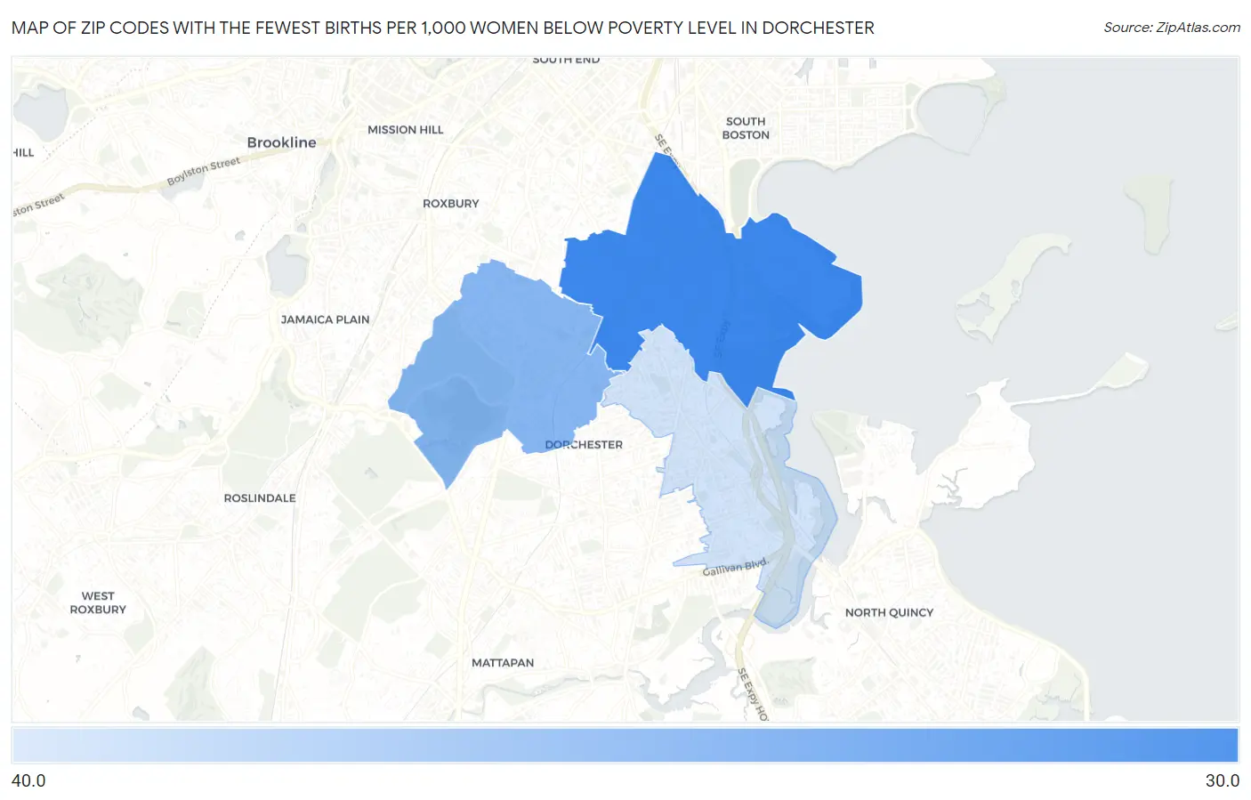 Zip Codes with the Fewest Births per 1,000 Women Below Poverty Level in Dorchester Map