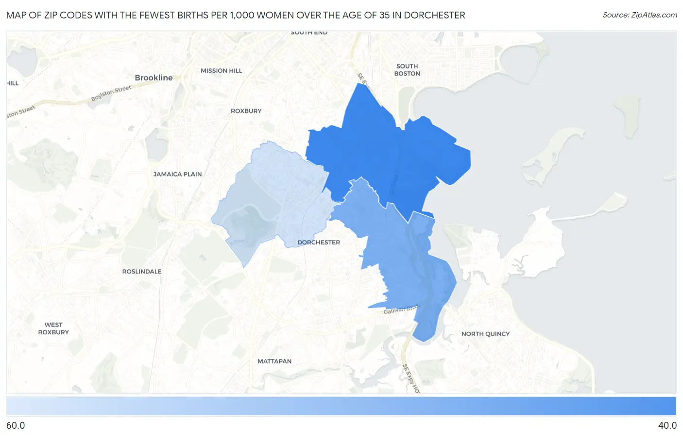 Zip Codes with the Fewest Births per 1,000 Women Over the Age of 35 in Dorchester Map