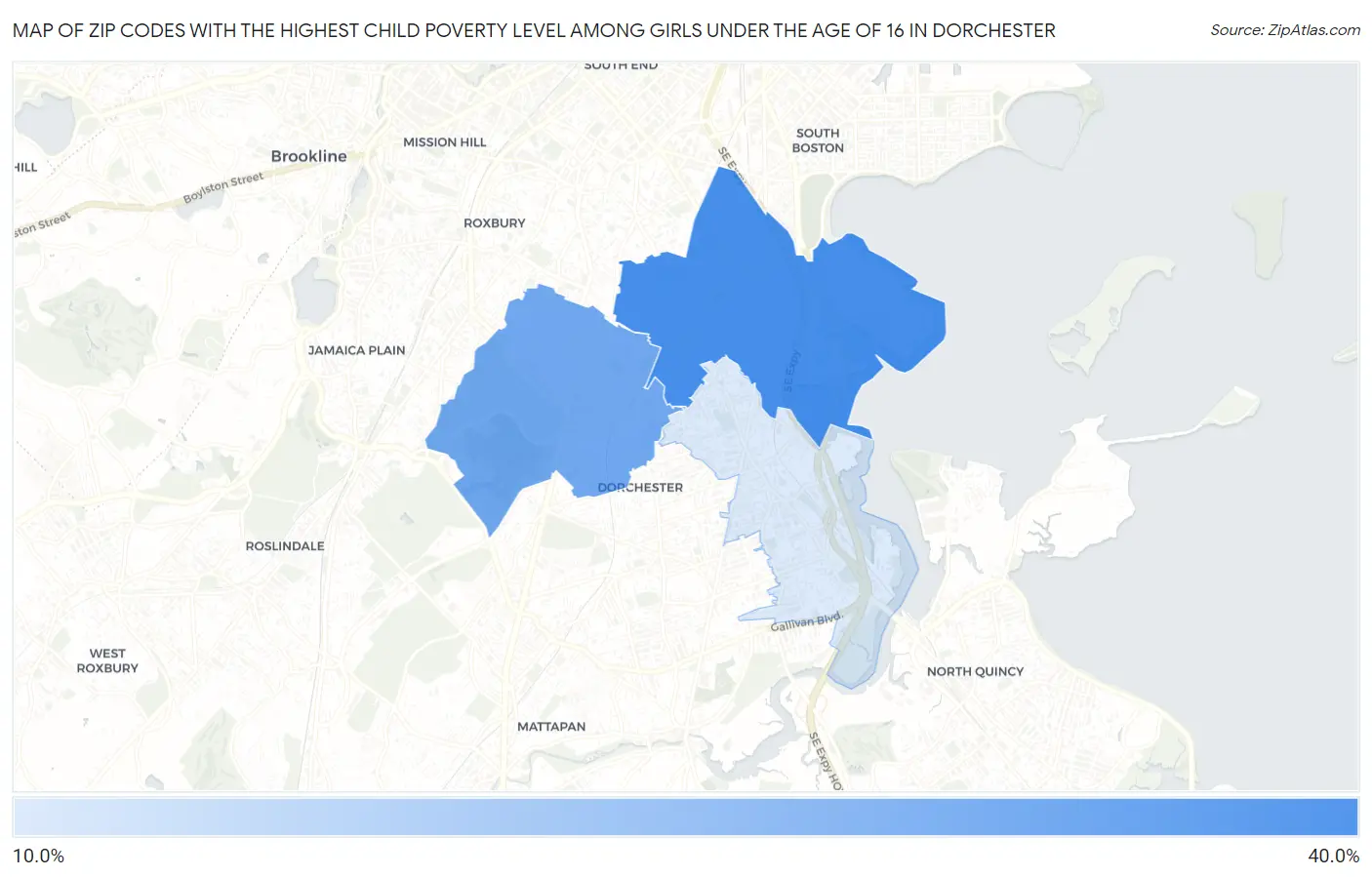 Zip Codes with the Highest Child Poverty Level Among Girls Under the Age of 16 in Dorchester Map