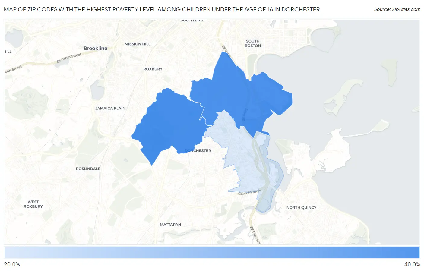 Zip Codes with the Highest Poverty Level Among Children Under the Age of 16 in Dorchester Map