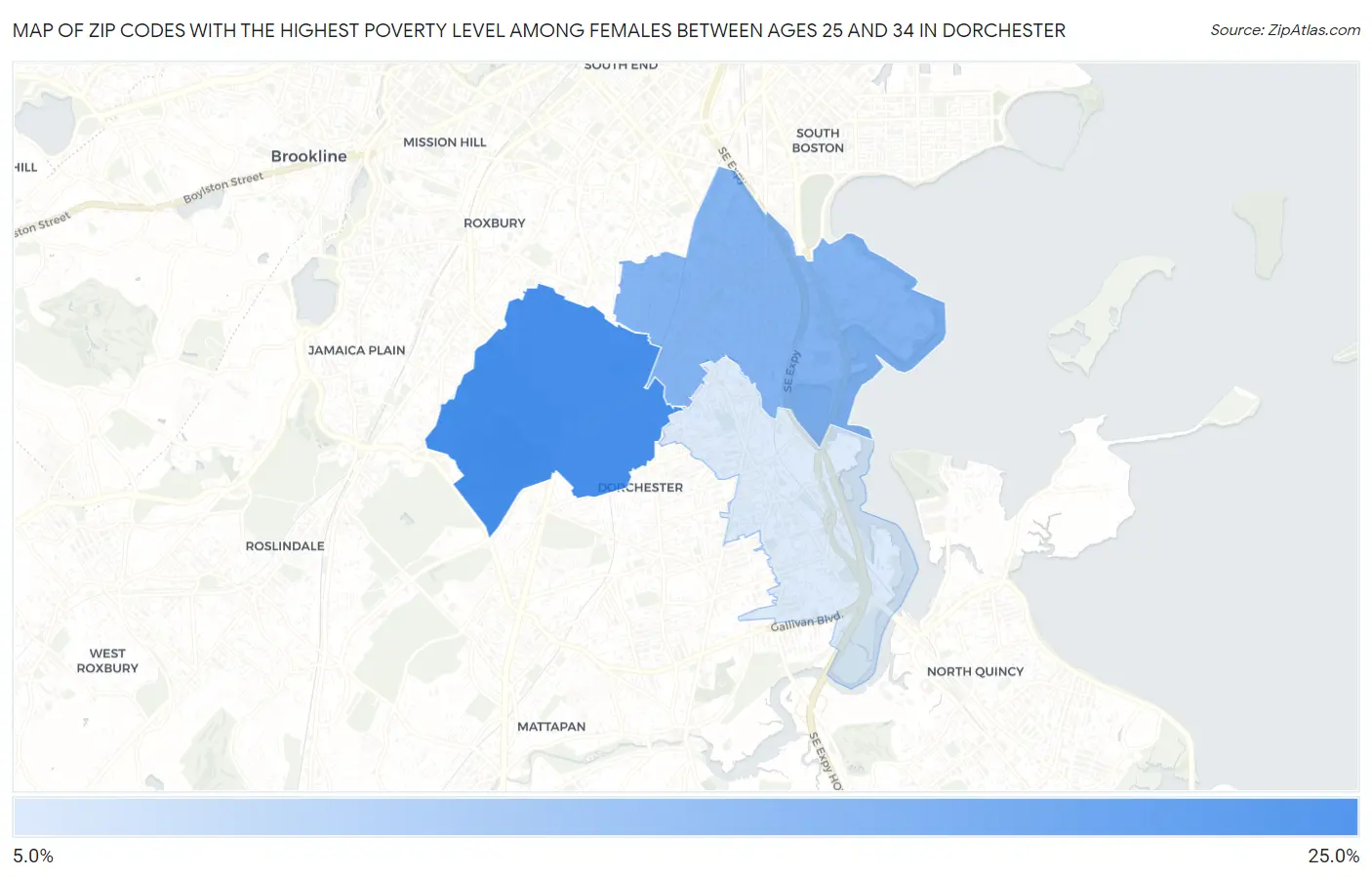 Zip Codes with the Highest Poverty Level Among Females Between Ages 25 and 34 in Dorchester Map
