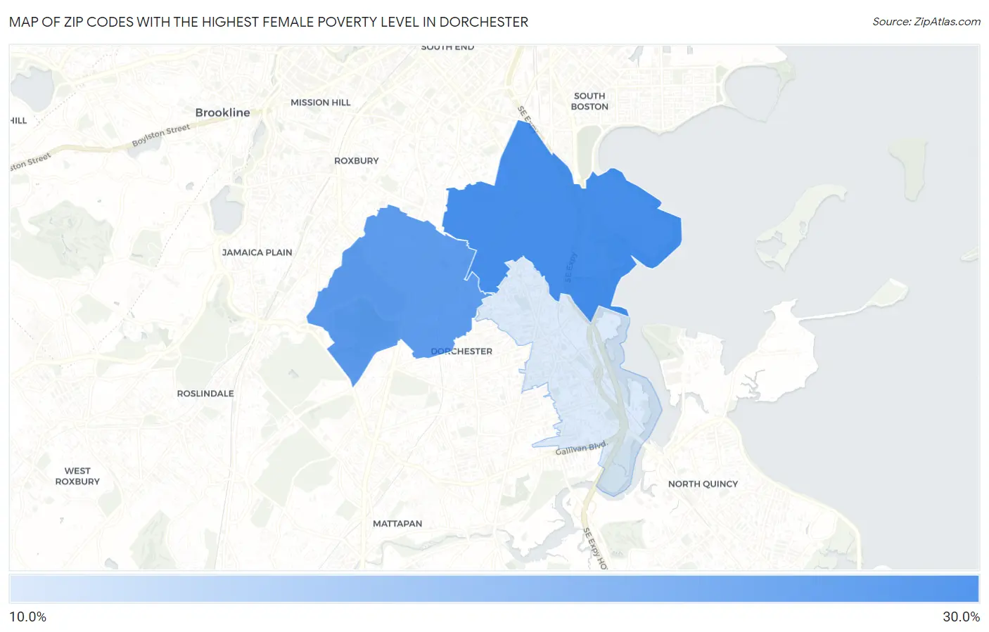 Zip Codes with the Highest Female Poverty Level in Dorchester Map