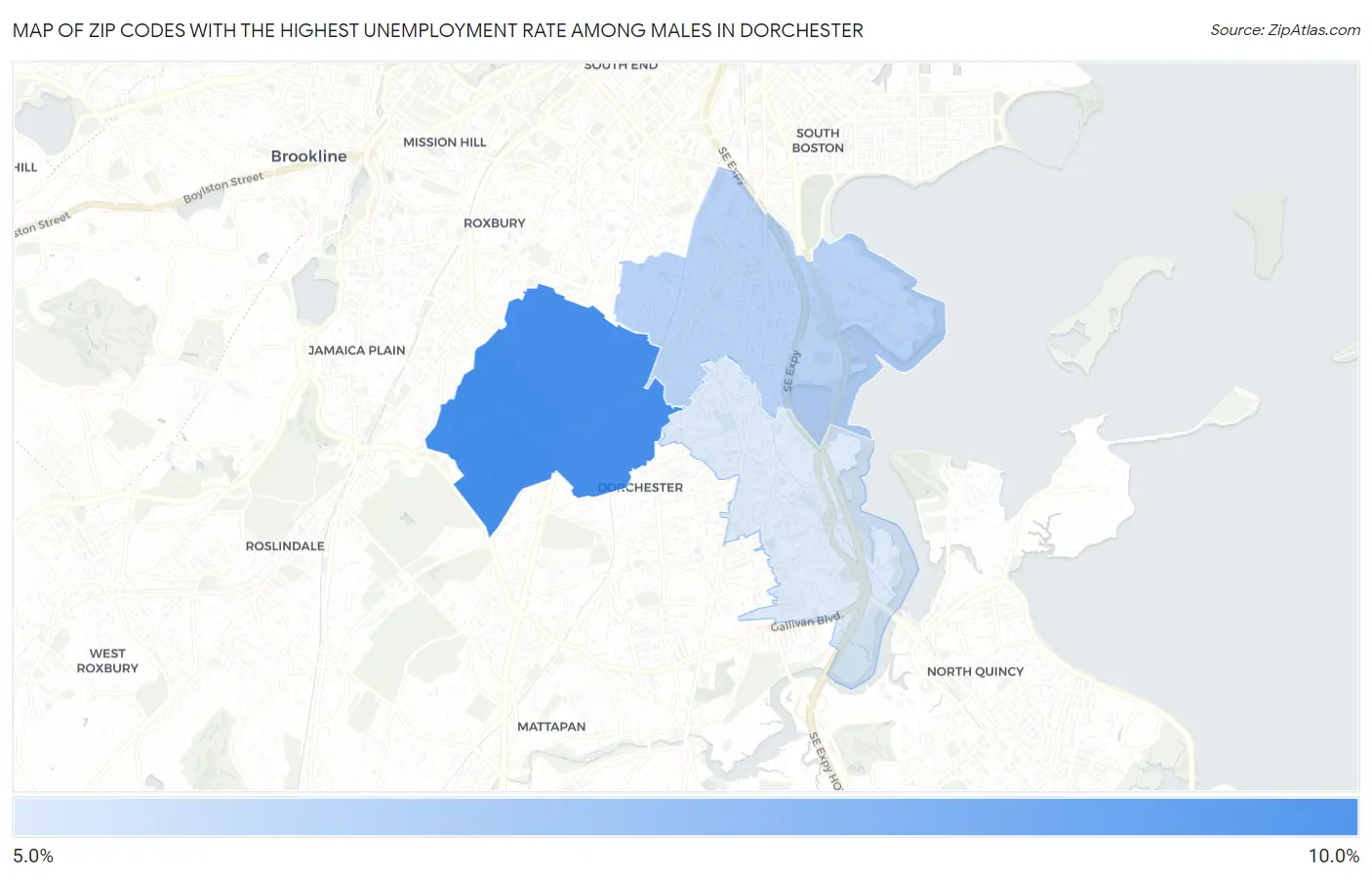 Zip Codes with the Highest Unemployment Rate Among Males in Dorchester Map