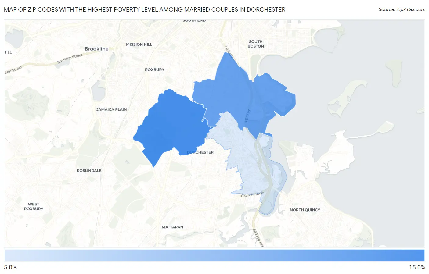 Zip Codes with the Highest Poverty Level Among Married Couples in Dorchester Map