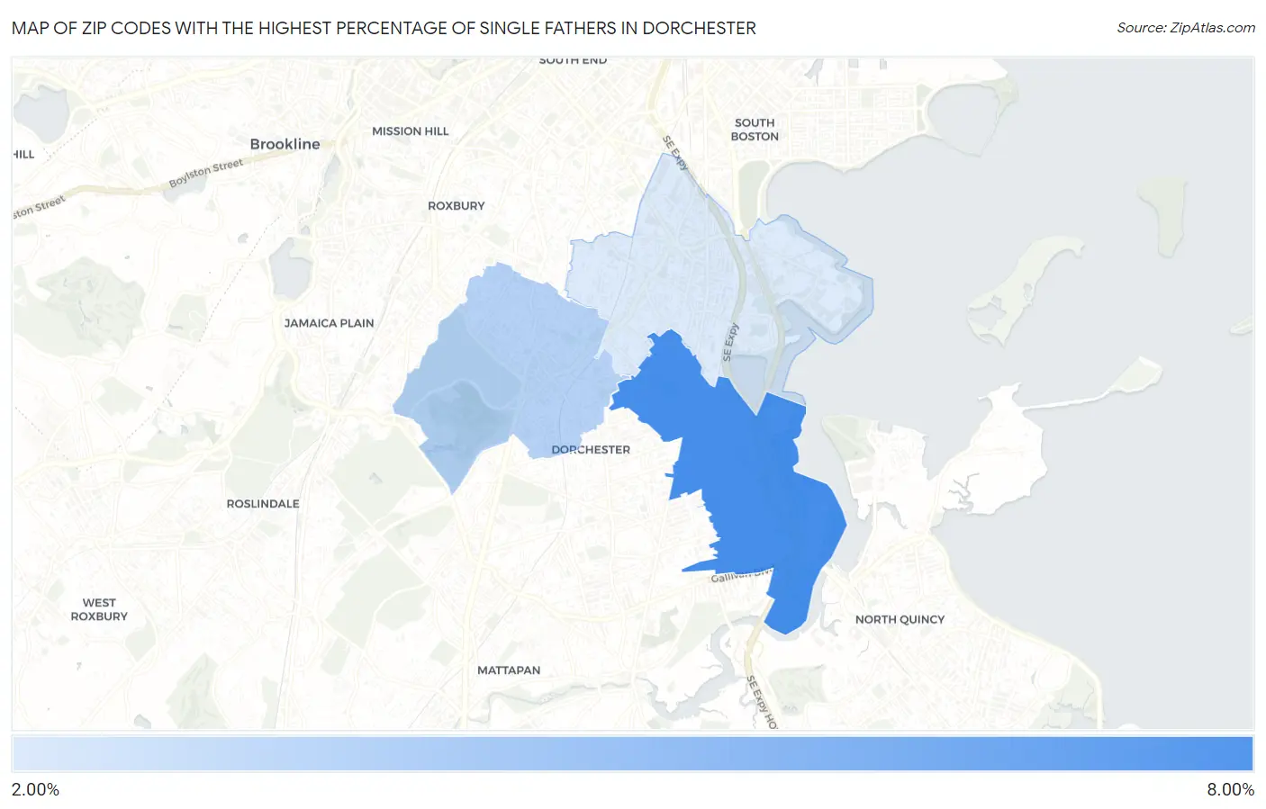 Zip Codes with the Highest Percentage of Single Fathers in Dorchester Map