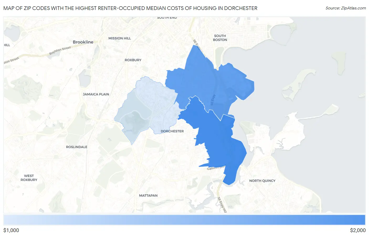 Zip Codes with the Highest Renter-Occupied Median Costs of Housing in Dorchester Map