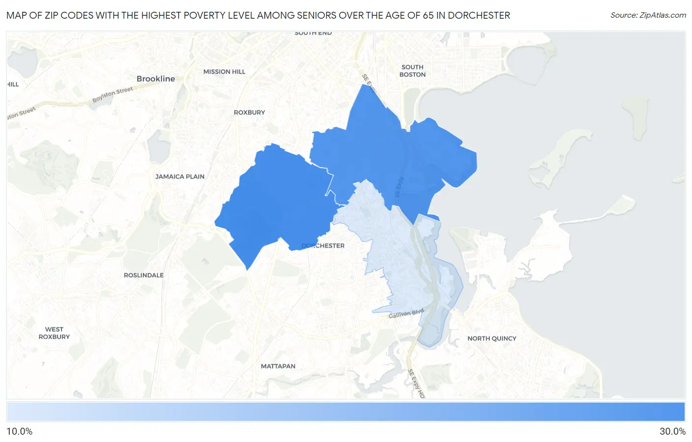 Zip Codes with the Highest Poverty Level Among Seniors Over the Age of 65 in Dorchester Map