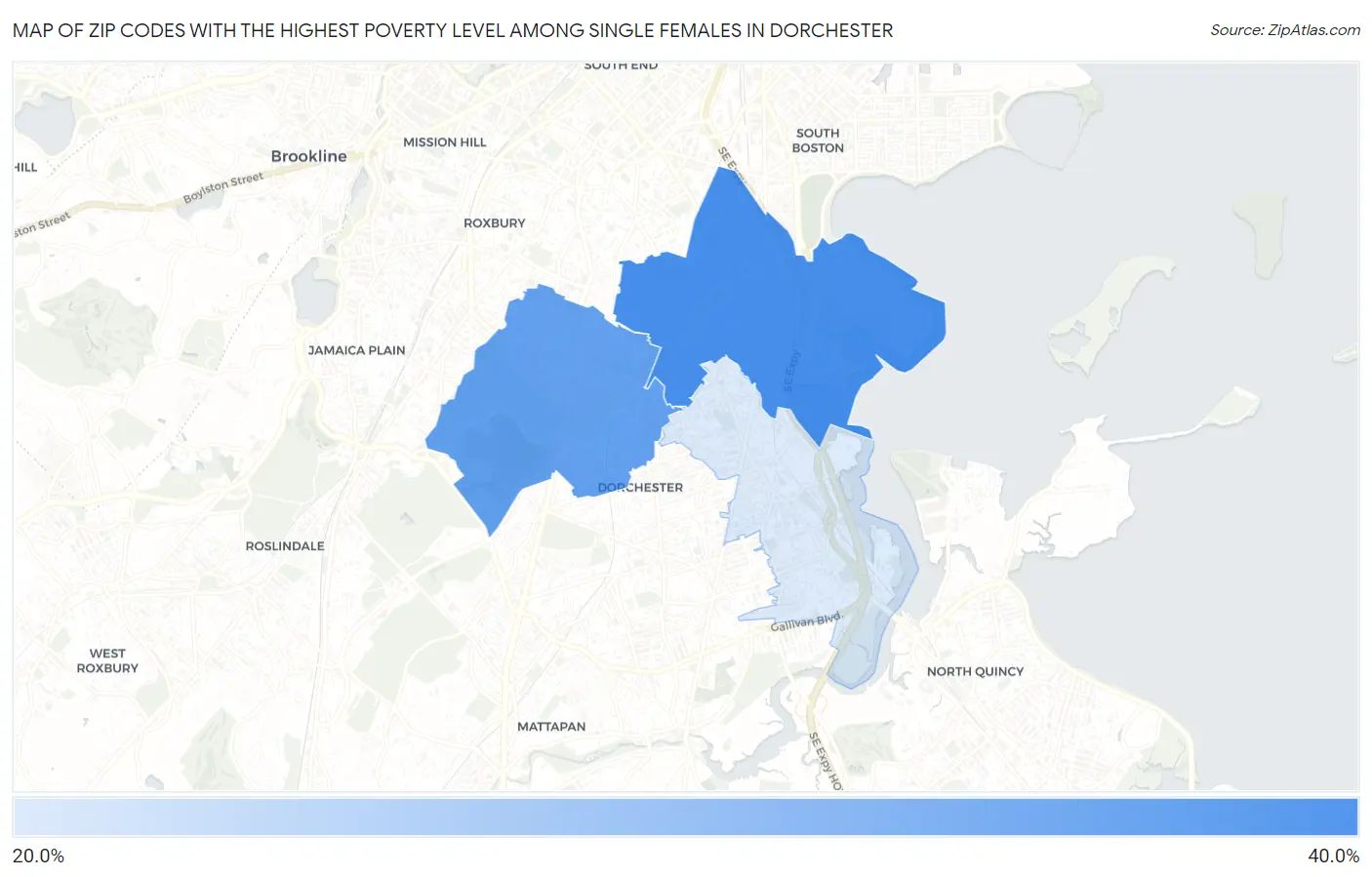 Zip Codes with the Highest Poverty Level Among Single Females in Dorchester Map