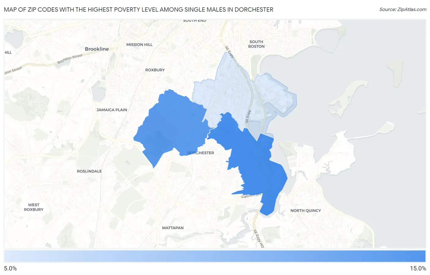 Zip Codes with the Highest Poverty Level Among Single Males in Dorchester Map