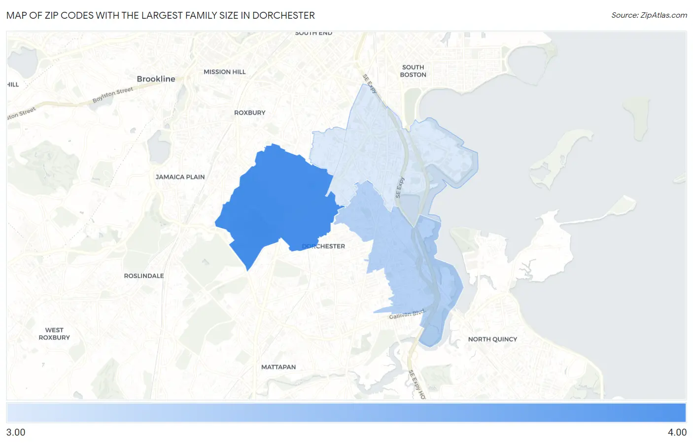 Zip Codes with the Largest Family Size in Dorchester Map