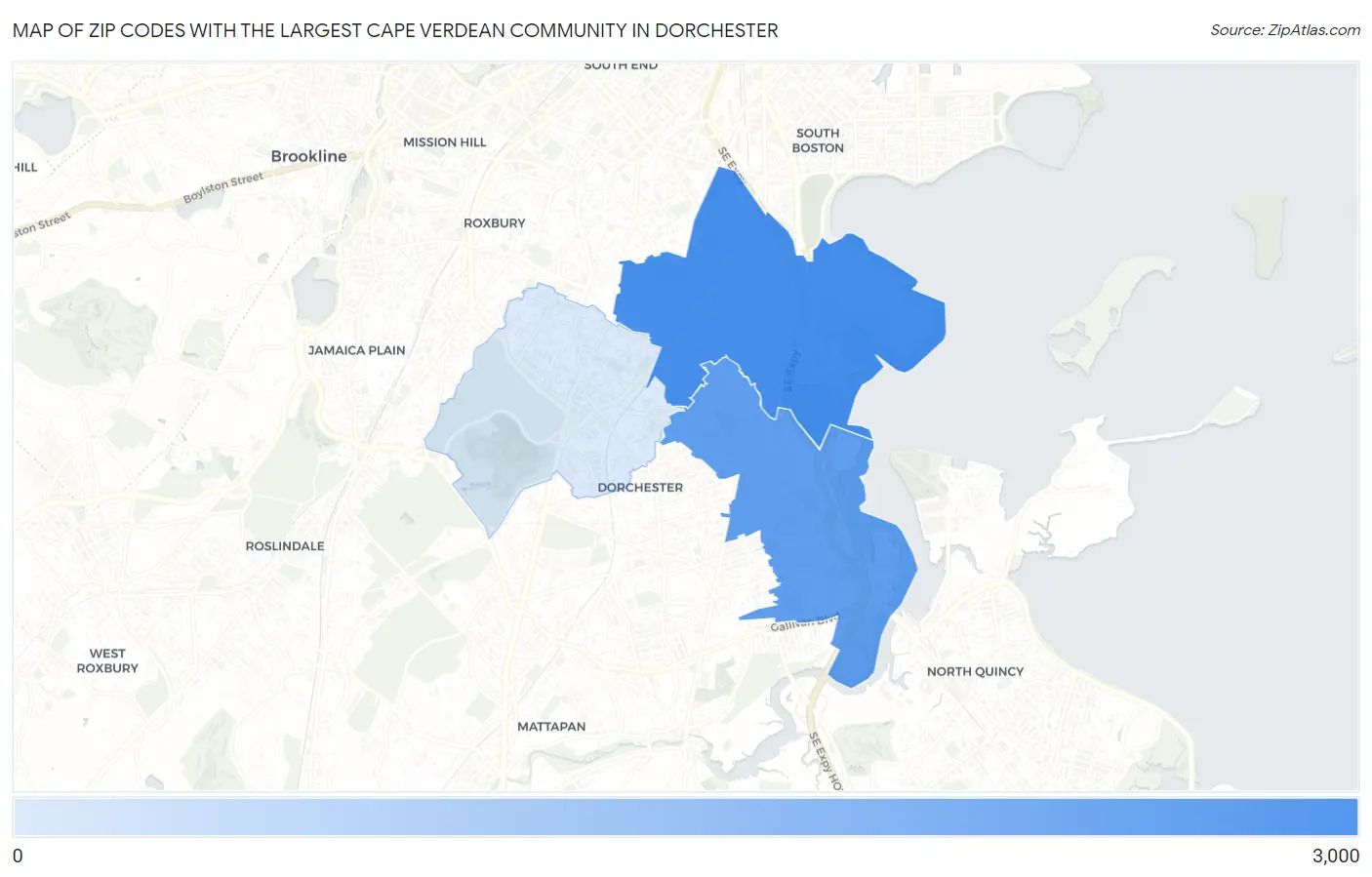 Zip Codes with the Largest Cape Verdean Community in Dorchester Map