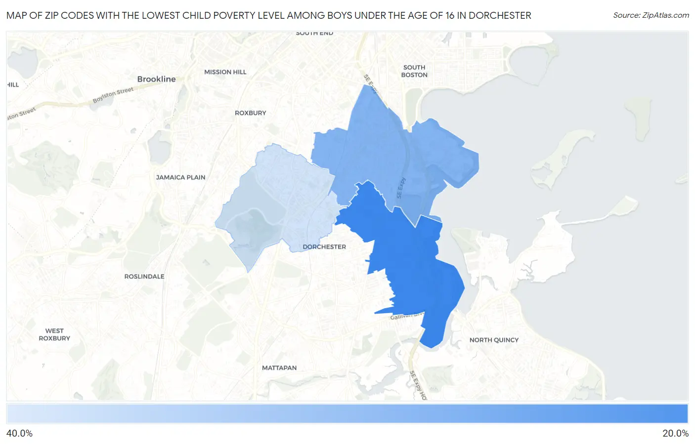 Zip Codes with the Lowest Child Poverty Level Among Boys Under the Age of 16 in Dorchester Map