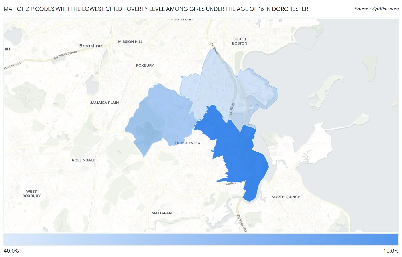 Zip Codes with the Lowest Child Poverty Level Among Girls Under the Age of 16 in Dorchester Map