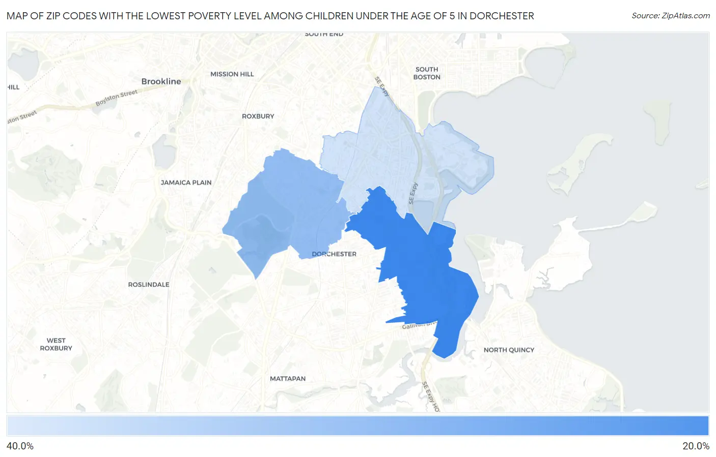 Zip Codes with the Lowest Poverty Level Among Children Under the Age of 5 in Dorchester Map