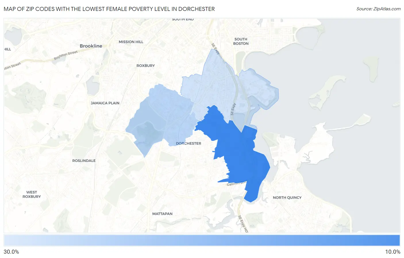Zip Codes with the Lowest Female Poverty Level in Dorchester Map
