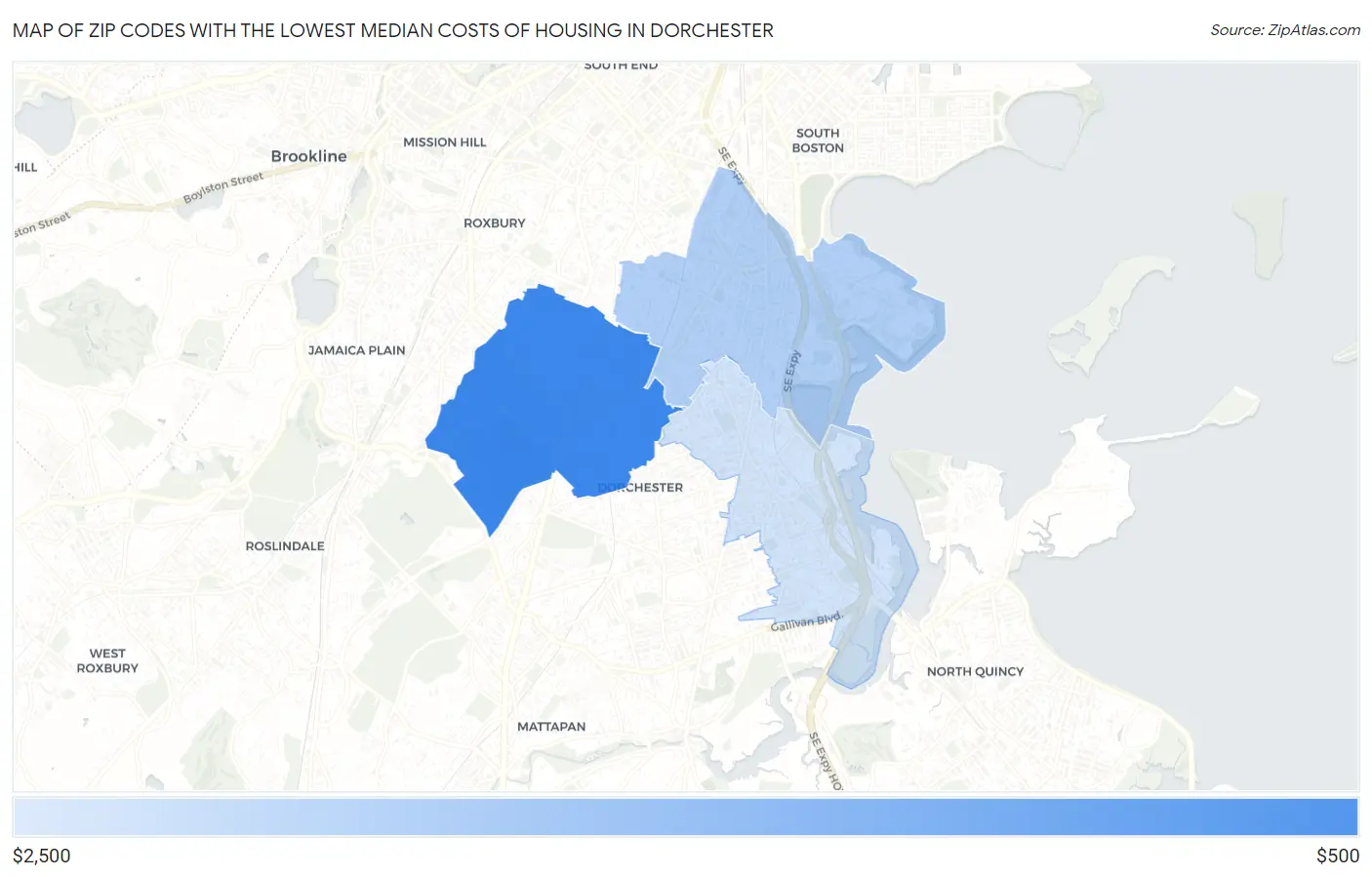 Zip Codes with the Lowest Median Costs of Housing in Dorchester Map
