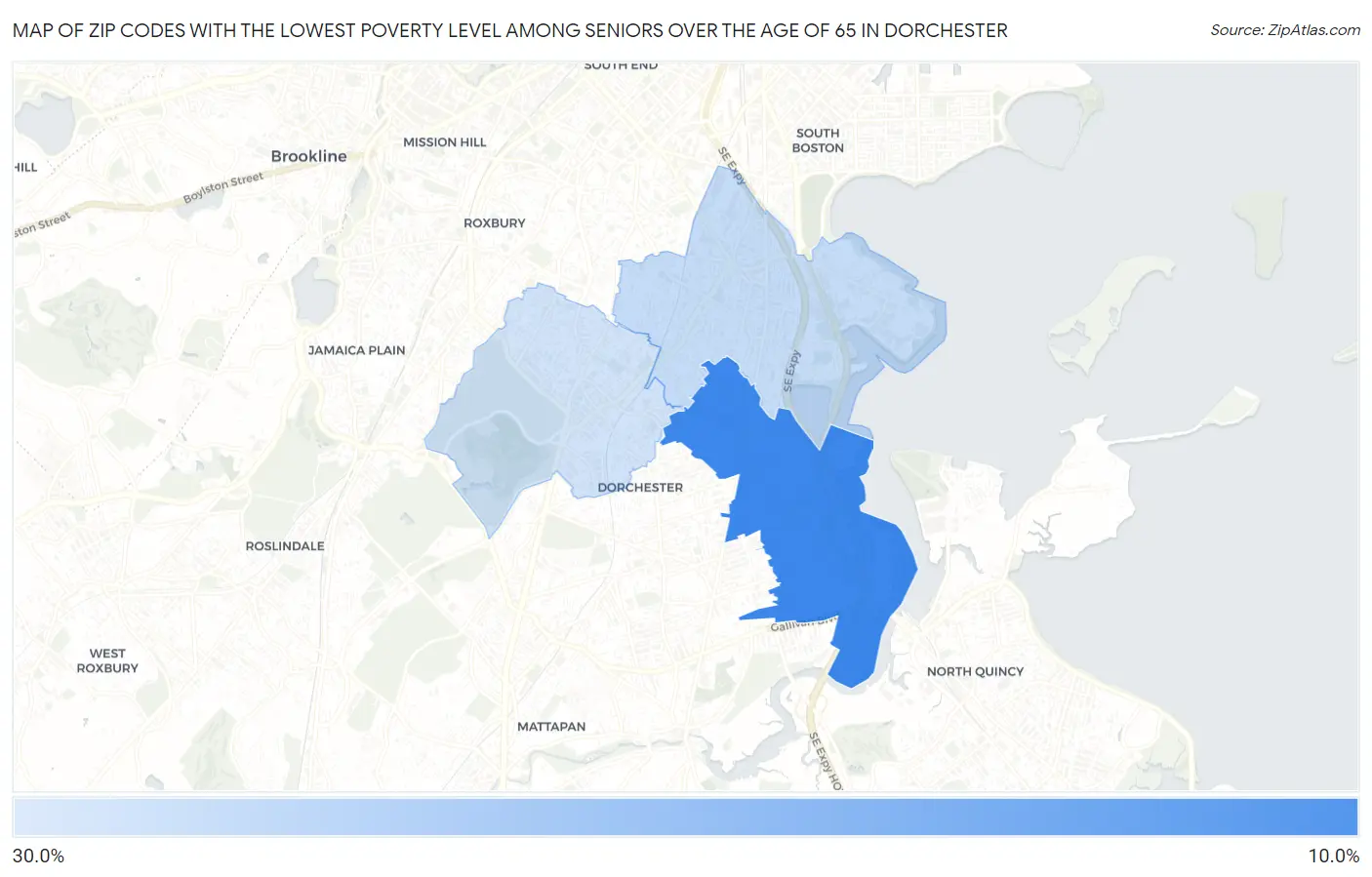 Zip Codes with the Lowest Poverty Level Among Seniors Over the Age of 65 in Dorchester Map