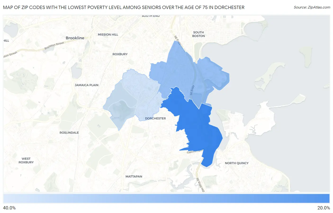 Zip Codes with the Lowest Poverty Level Among Seniors Over the Age of 75 in Dorchester Map