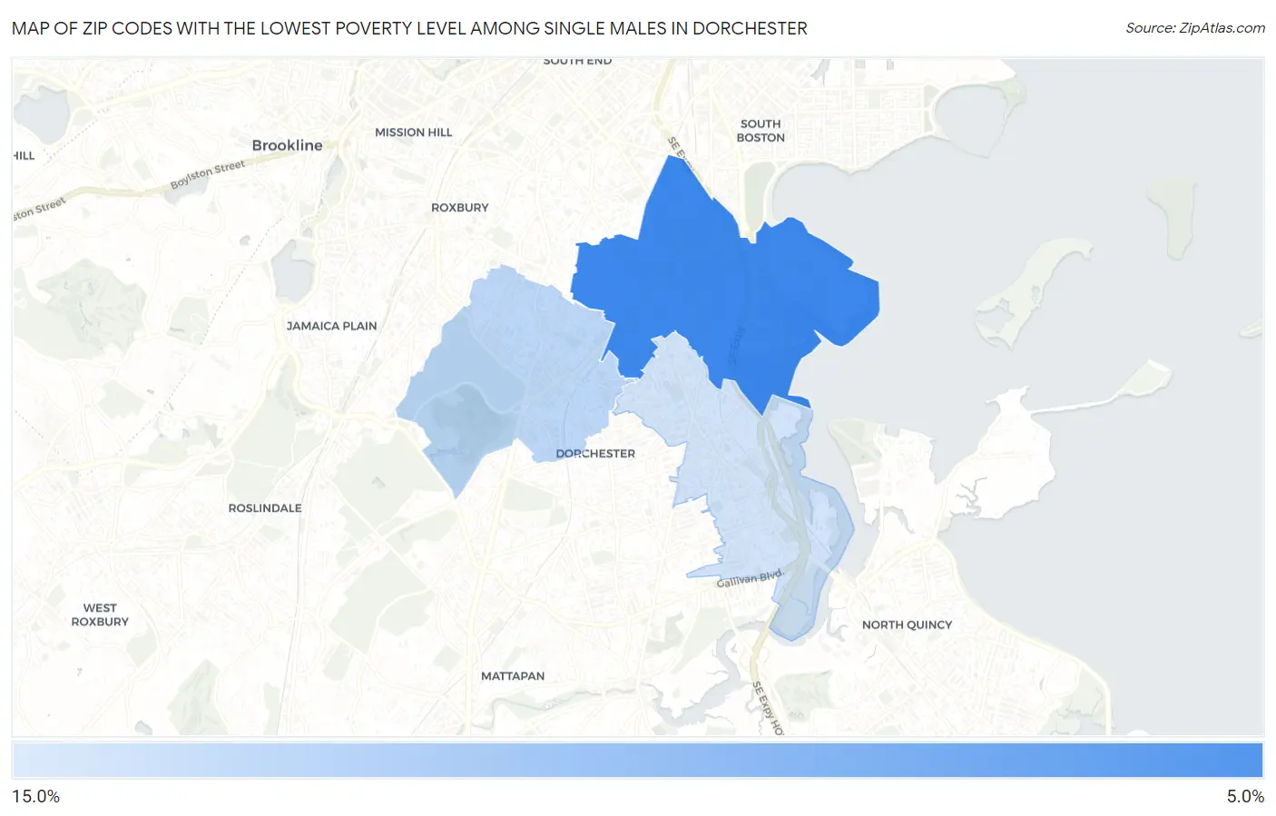 Zip Codes with the Lowest Poverty Level Among Single Males in Dorchester Map