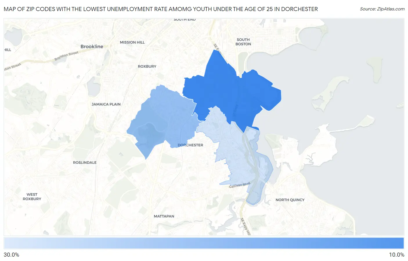Zip Codes with the Lowest Unemployment Rate Amomg Youth Under the Age of 25 in Dorchester Map