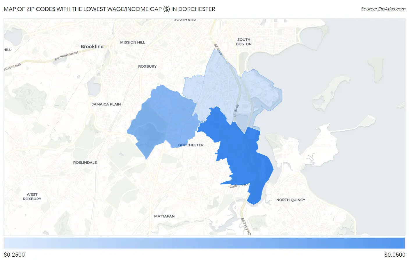 Zip Codes with the Lowest Wage/Income Gap ($) in Dorchester Map