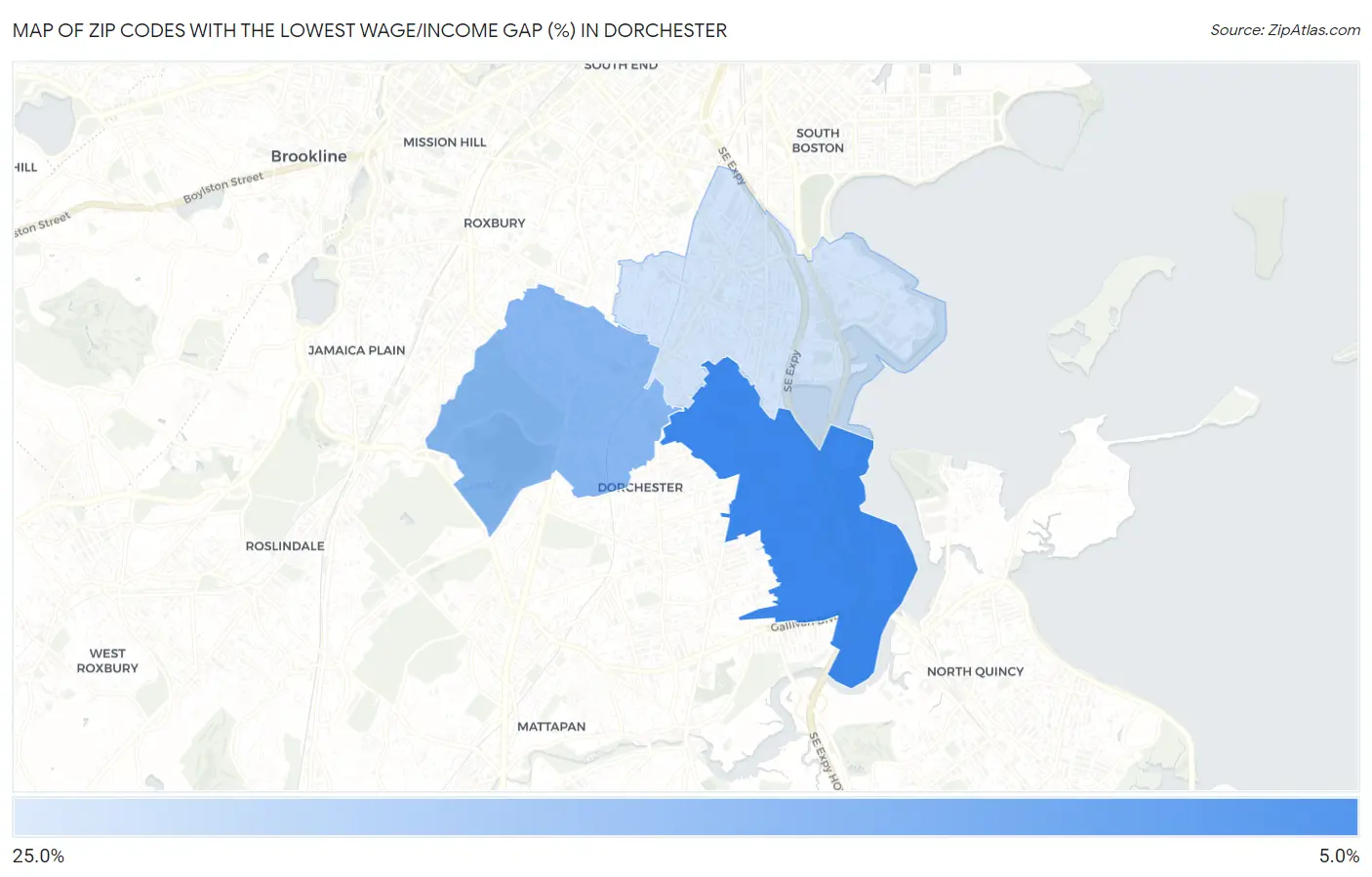 Zip Codes with the Lowest Wage/Income Gap (%) in Dorchester Map