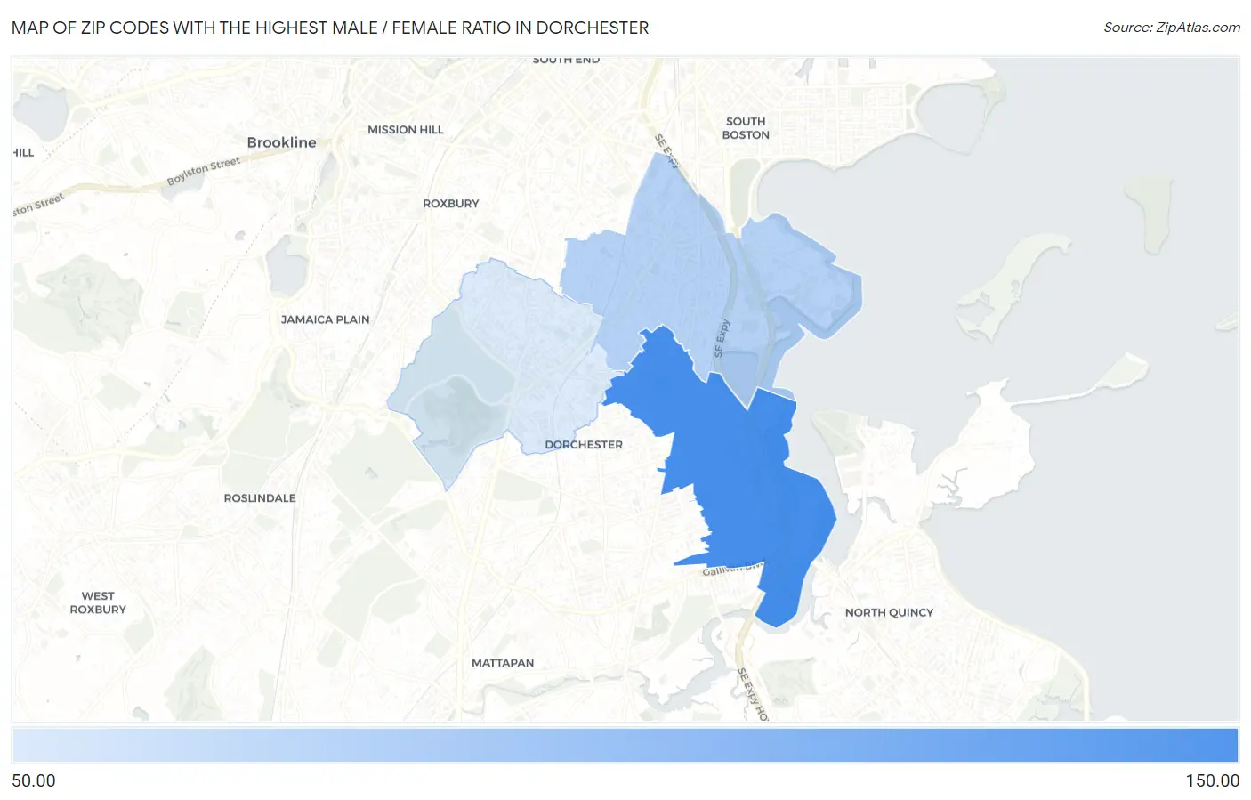 Zip Codes with the Highest Male / Female Ratio in Dorchester Map
