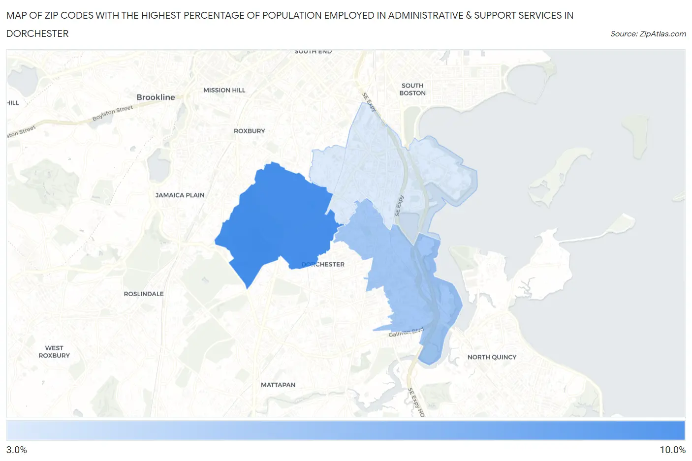 Zip Codes with the Highest Percentage of Population Employed in Administrative & Support Services in Dorchester Map