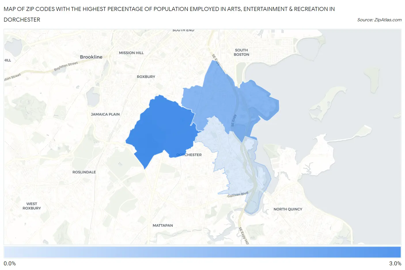 Zip Codes with the Highest Percentage of Population Employed in Arts, Entertainment & Recreation in Dorchester Map