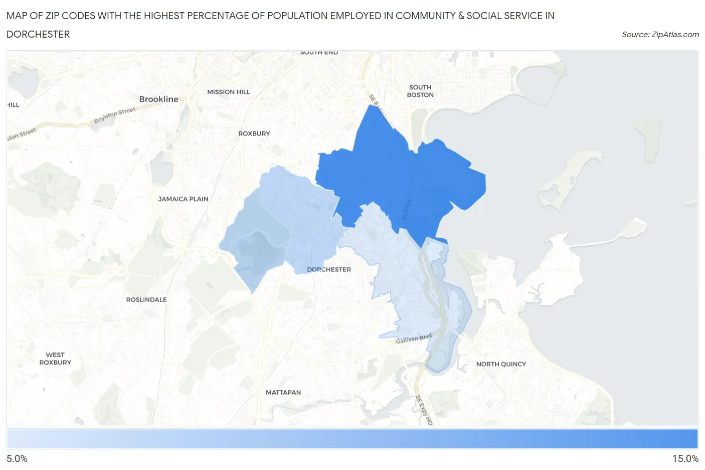 Zip Codes with the Highest Percentage of Population Employed in Community & Social Service  in Dorchester Map