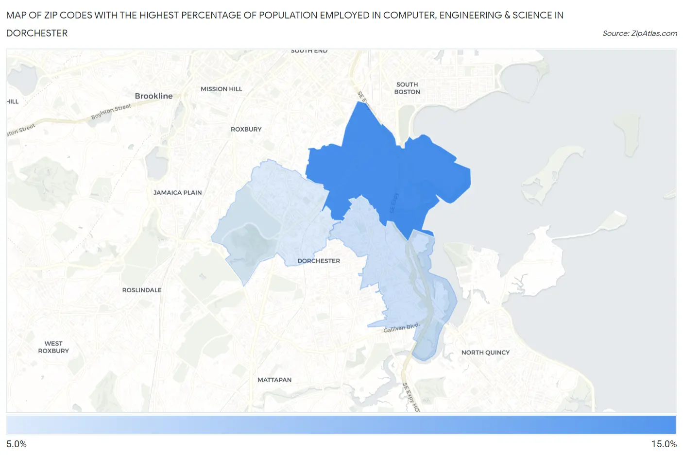 Zip Codes with the Highest Percentage of Population Employed in Computer, Engineering & Science in Dorchester Map