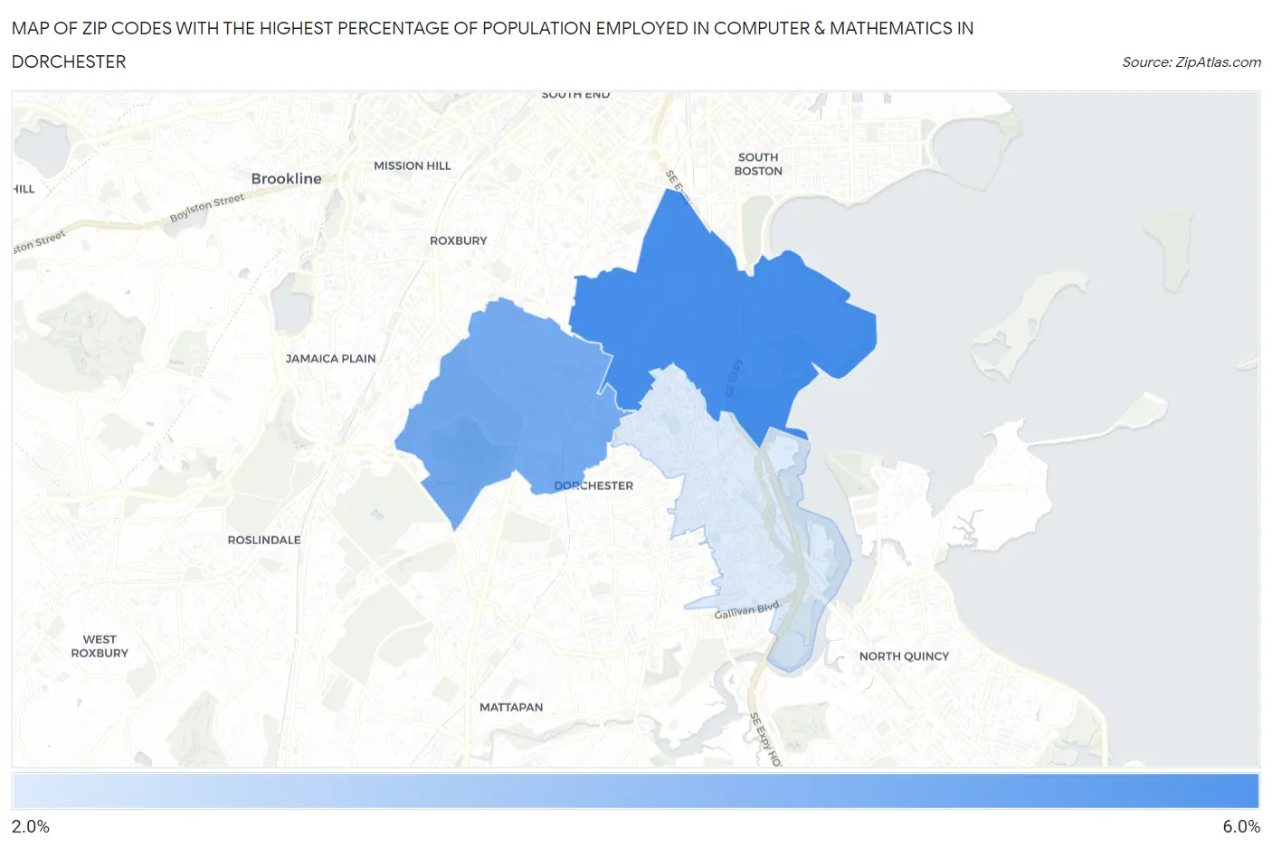 Zip Codes with the Highest Percentage of Population Employed in Computer & Mathematics in Dorchester Map