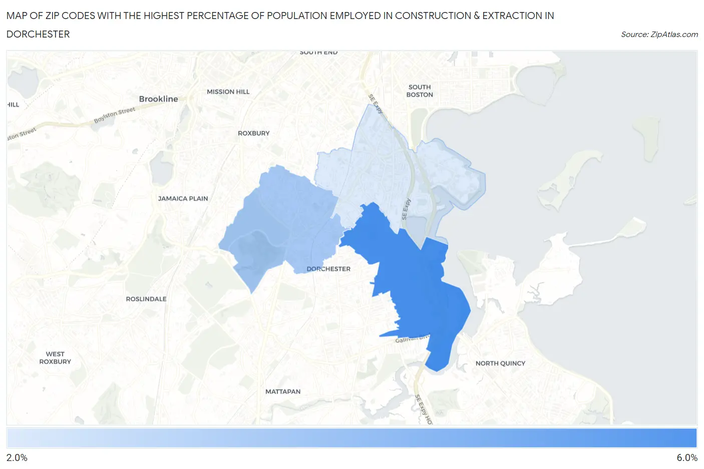 Zip Codes with the Highest Percentage of Population Employed in Construction & Extraction in Dorchester Map