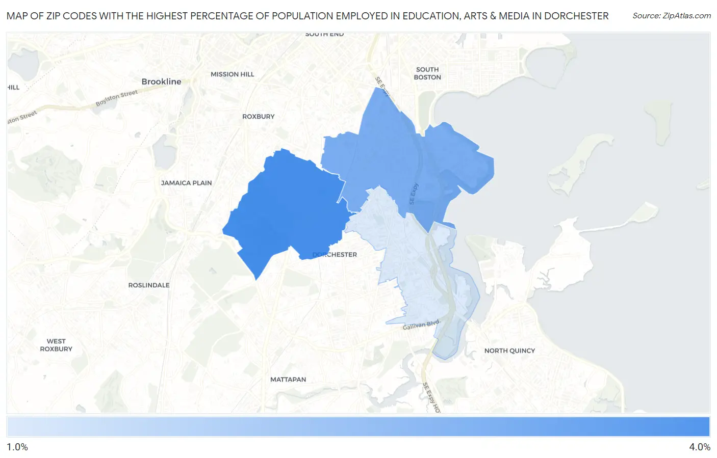 Zip Codes with the Highest Percentage of Population Employed in Education, Arts & Media in Dorchester Map