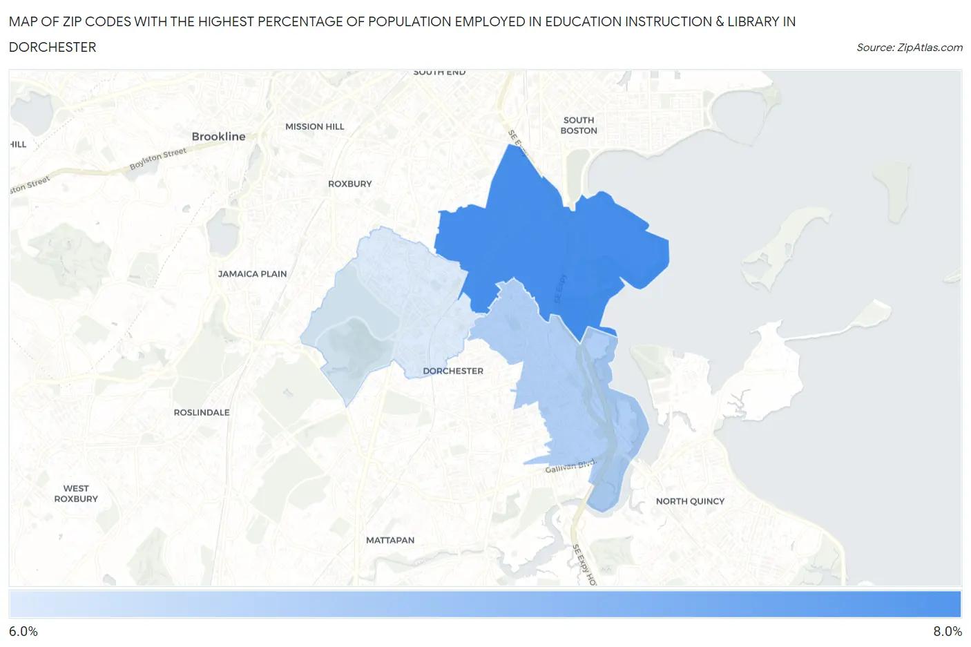 Zip Codes with the Highest Percentage of Population Employed in Education Instruction & Library in Dorchester Map