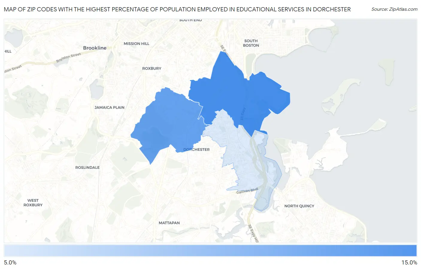 Zip Codes with the Highest Percentage of Population Employed in Educational Services in Dorchester Map