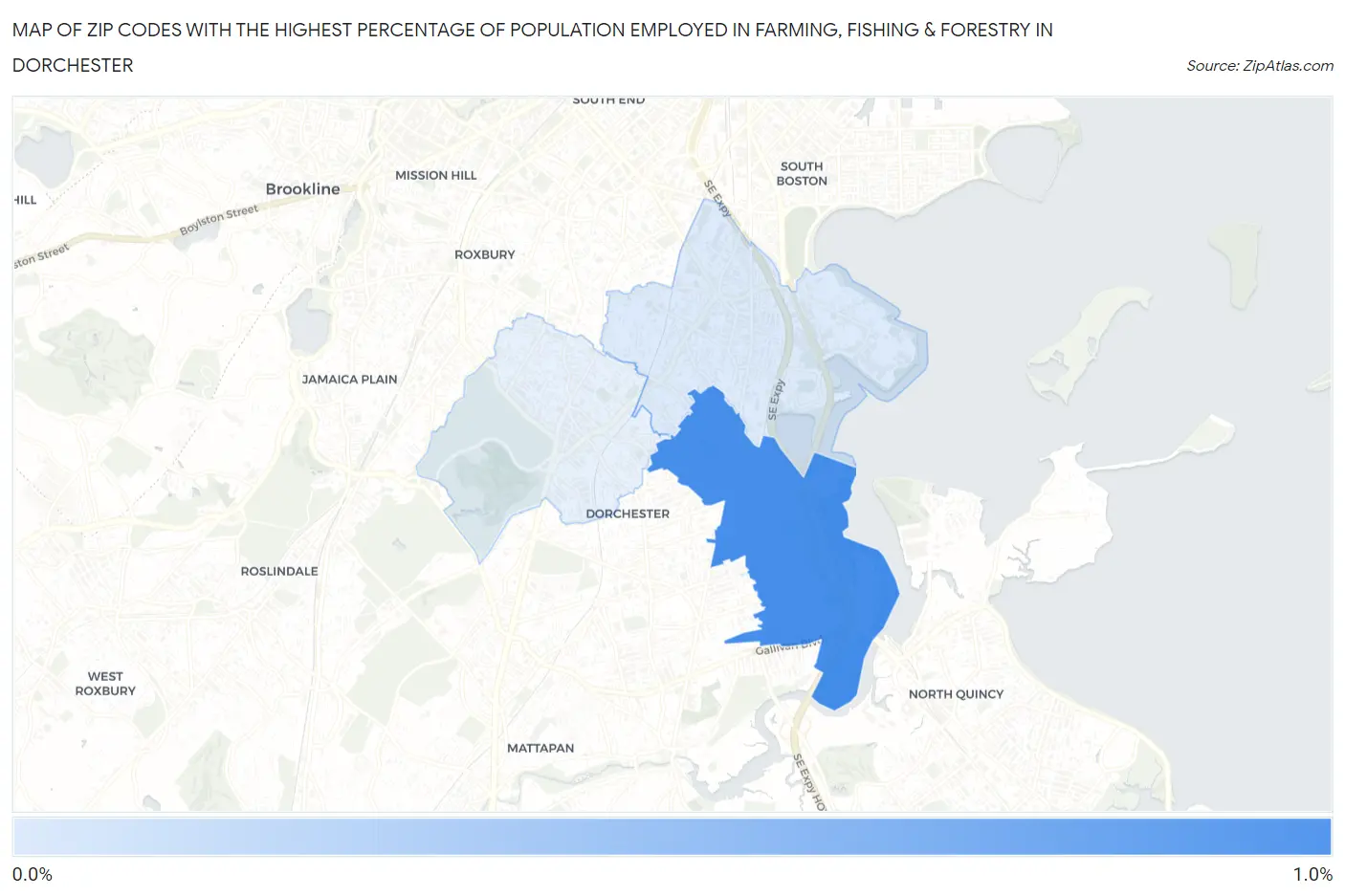 Zip Codes with the Highest Percentage of Population Employed in Farming, Fishing & Forestry in Dorchester Map