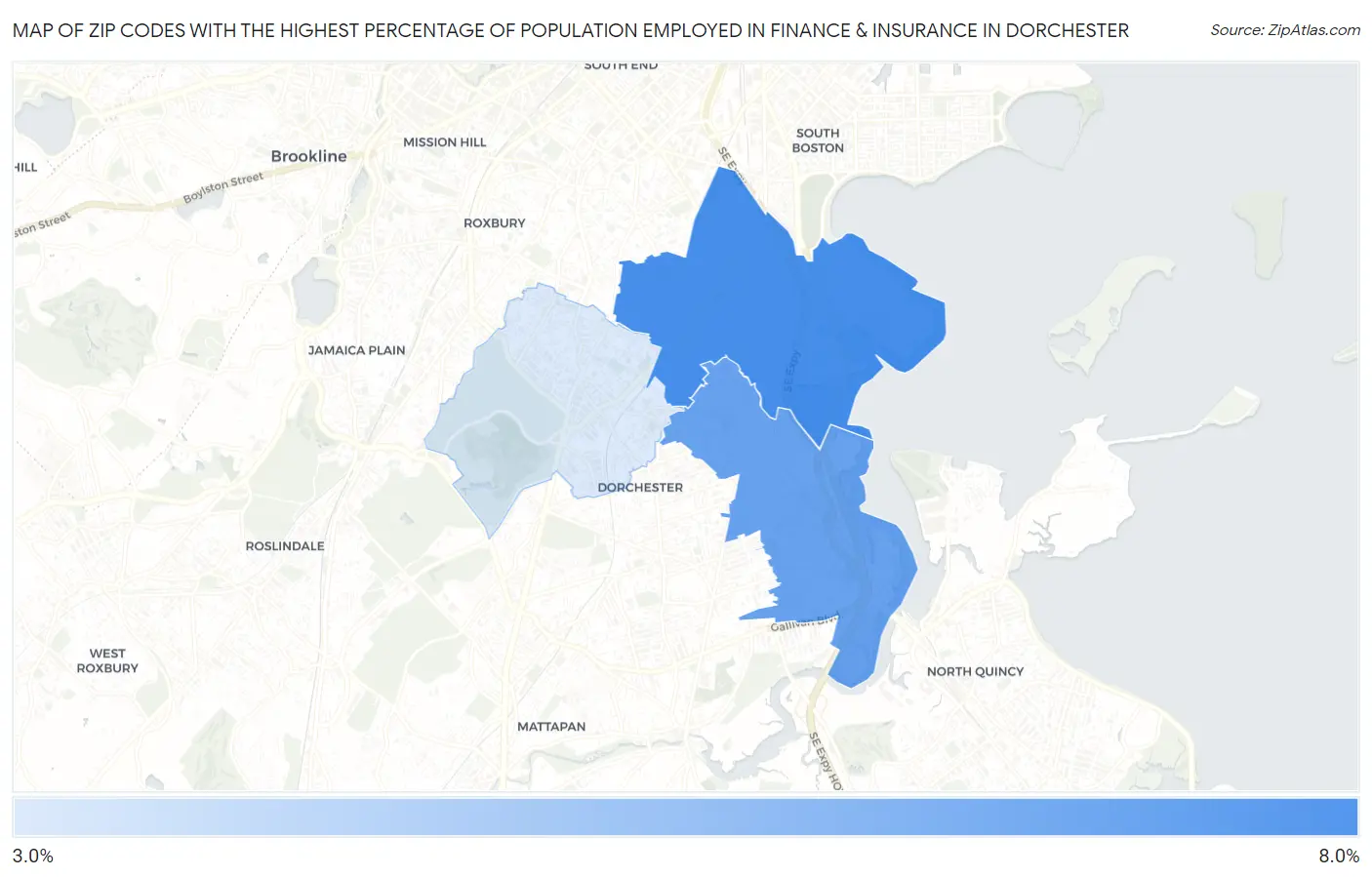 Zip Codes with the Highest Percentage of Population Employed in Finance & Insurance in Dorchester Map