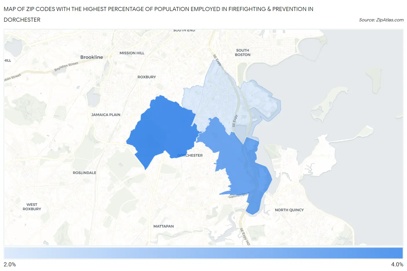 Zip Codes with the Highest Percentage of Population Employed in Firefighting & Prevention in Dorchester Map