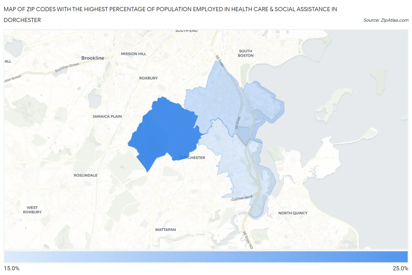 Zip Codes with the Highest Percentage of Population Employed in Health Care & Social Assistance in Dorchester Map
