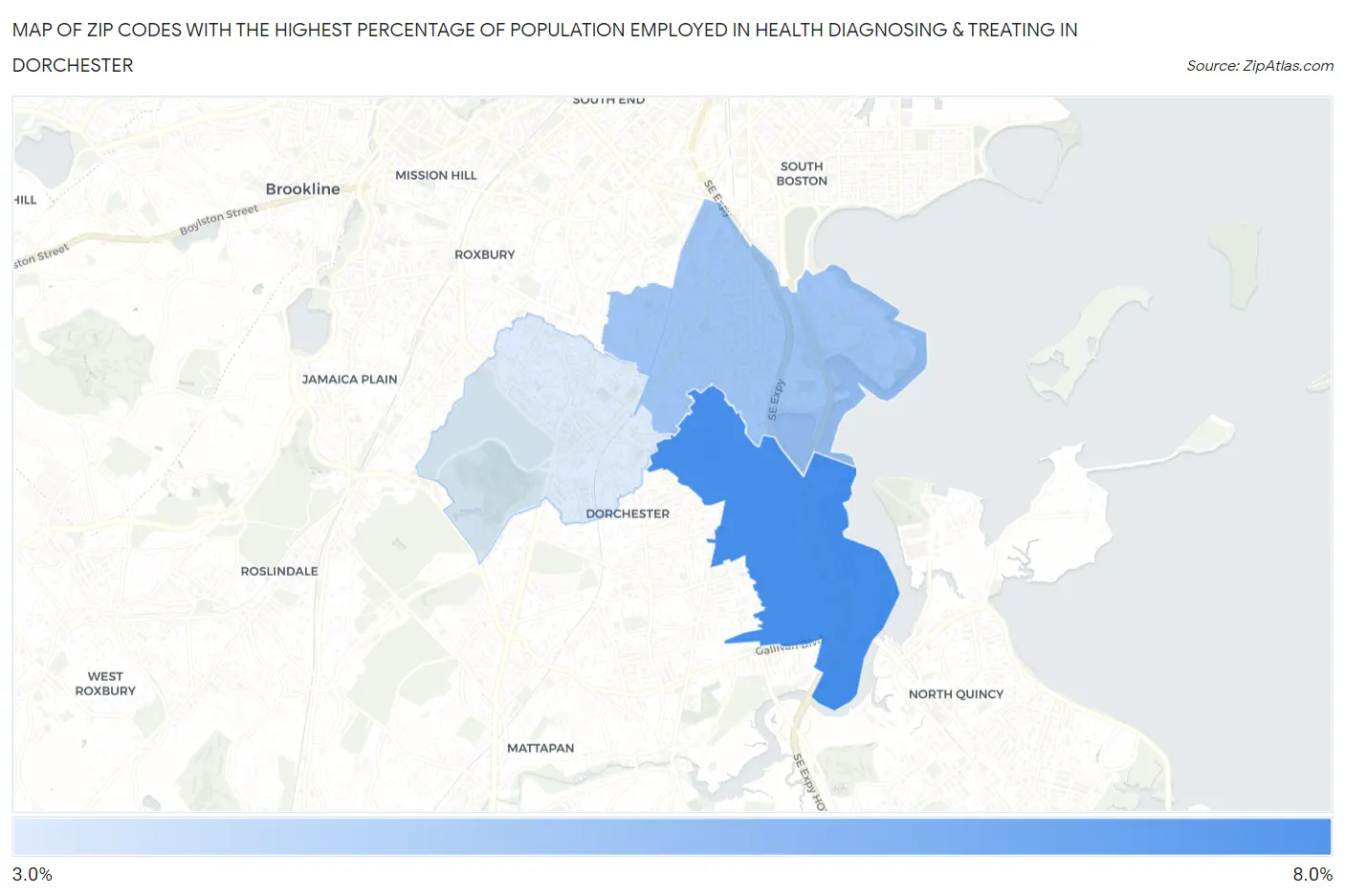 Zip Codes with the Highest Percentage of Population Employed in Health Diagnosing & Treating in Dorchester Map