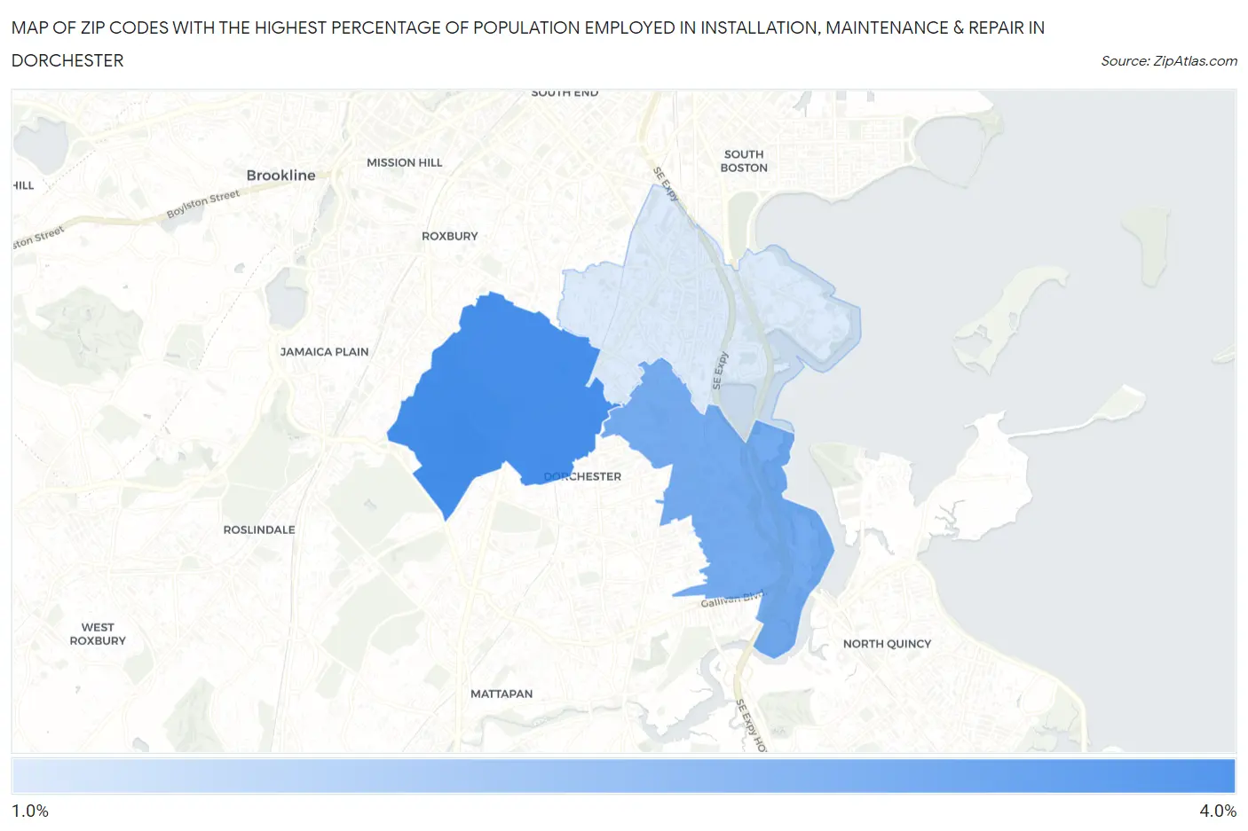 Zip Codes with the Highest Percentage of Population Employed in Installation, Maintenance & Repair in Dorchester Map