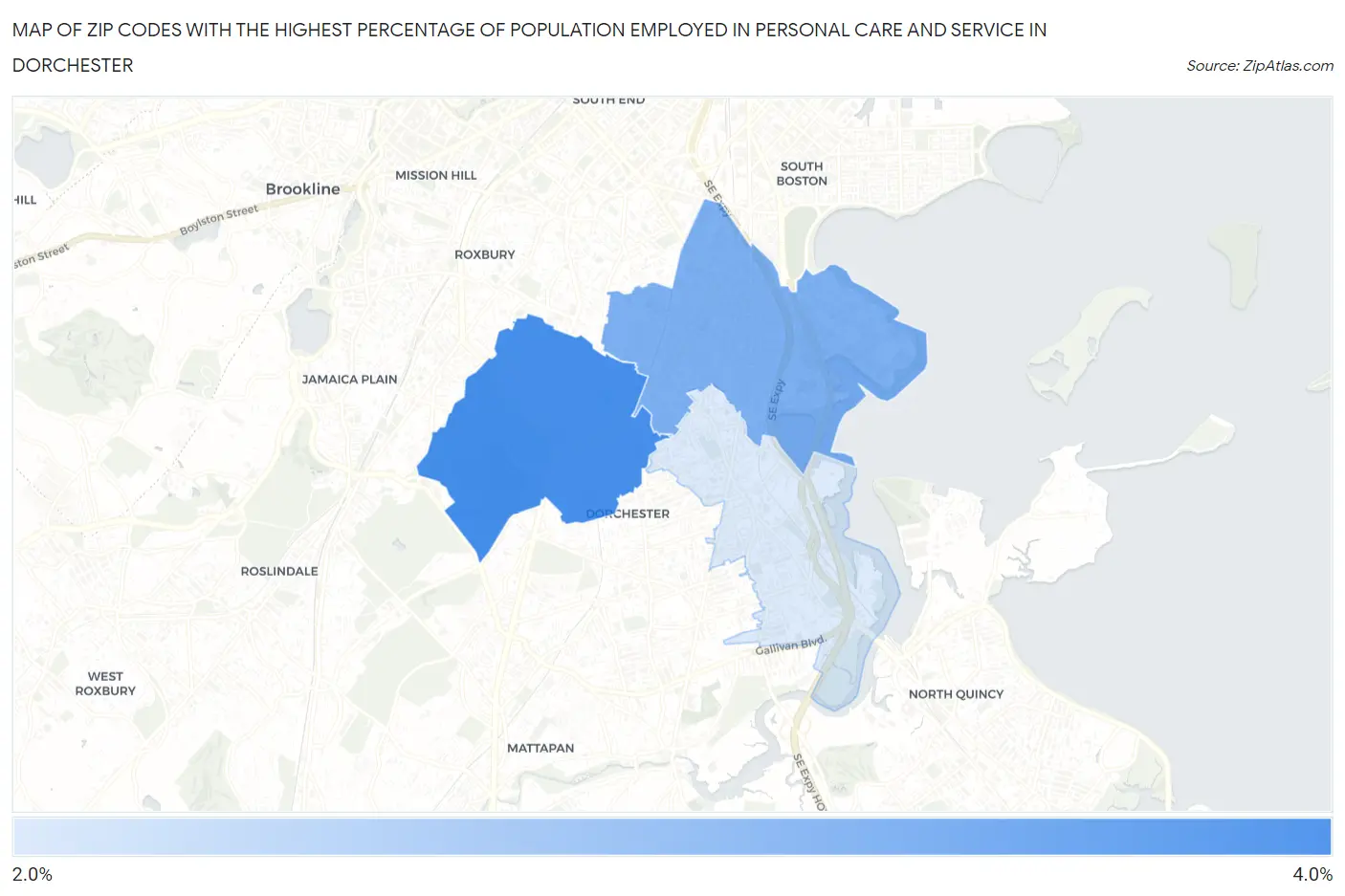 Zip Codes with the Highest Percentage of Population Employed in Personal Care and Service in Dorchester Map