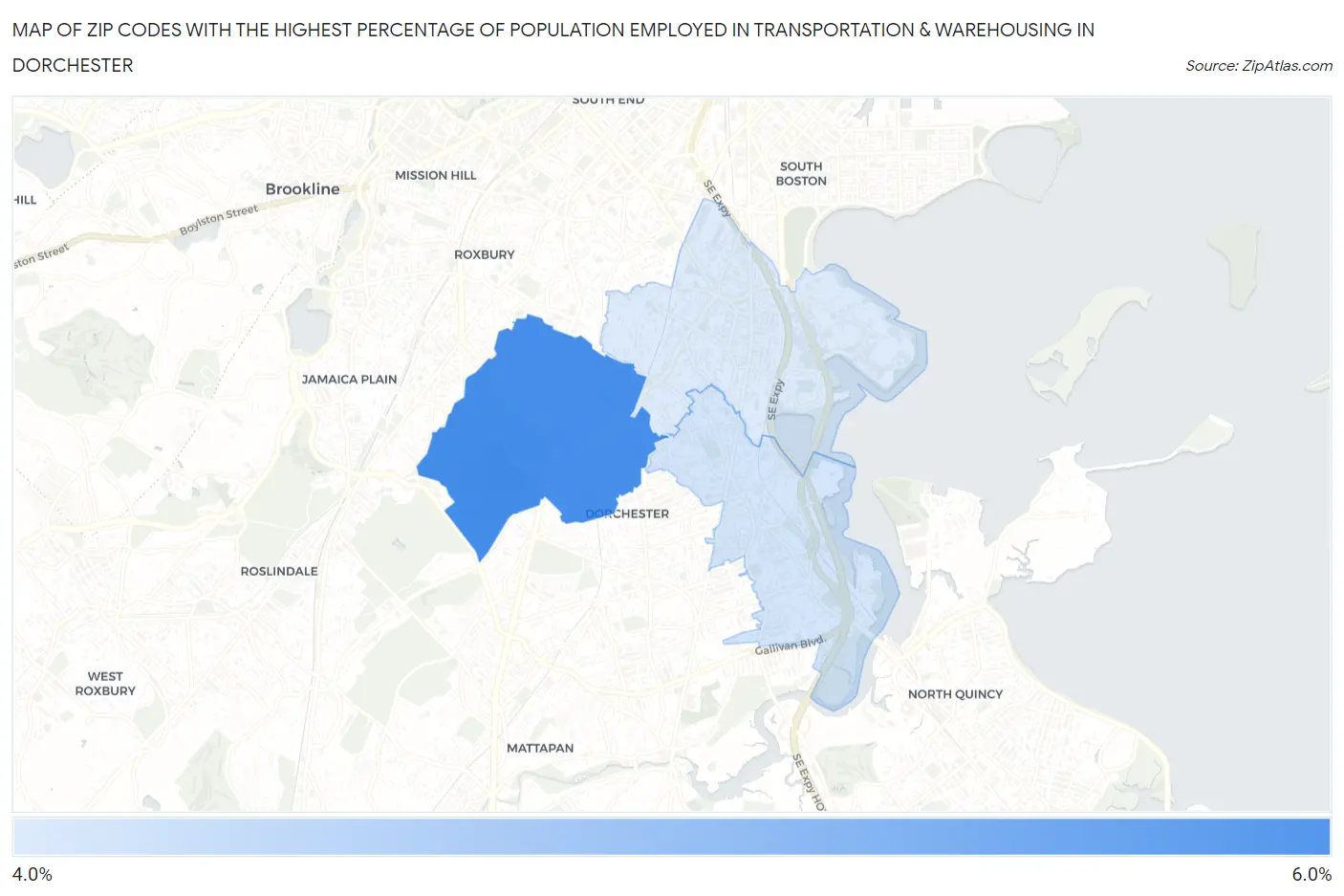 Zip Codes with the Highest Percentage of Population Employed in Transportation & Warehousing in Dorchester Map