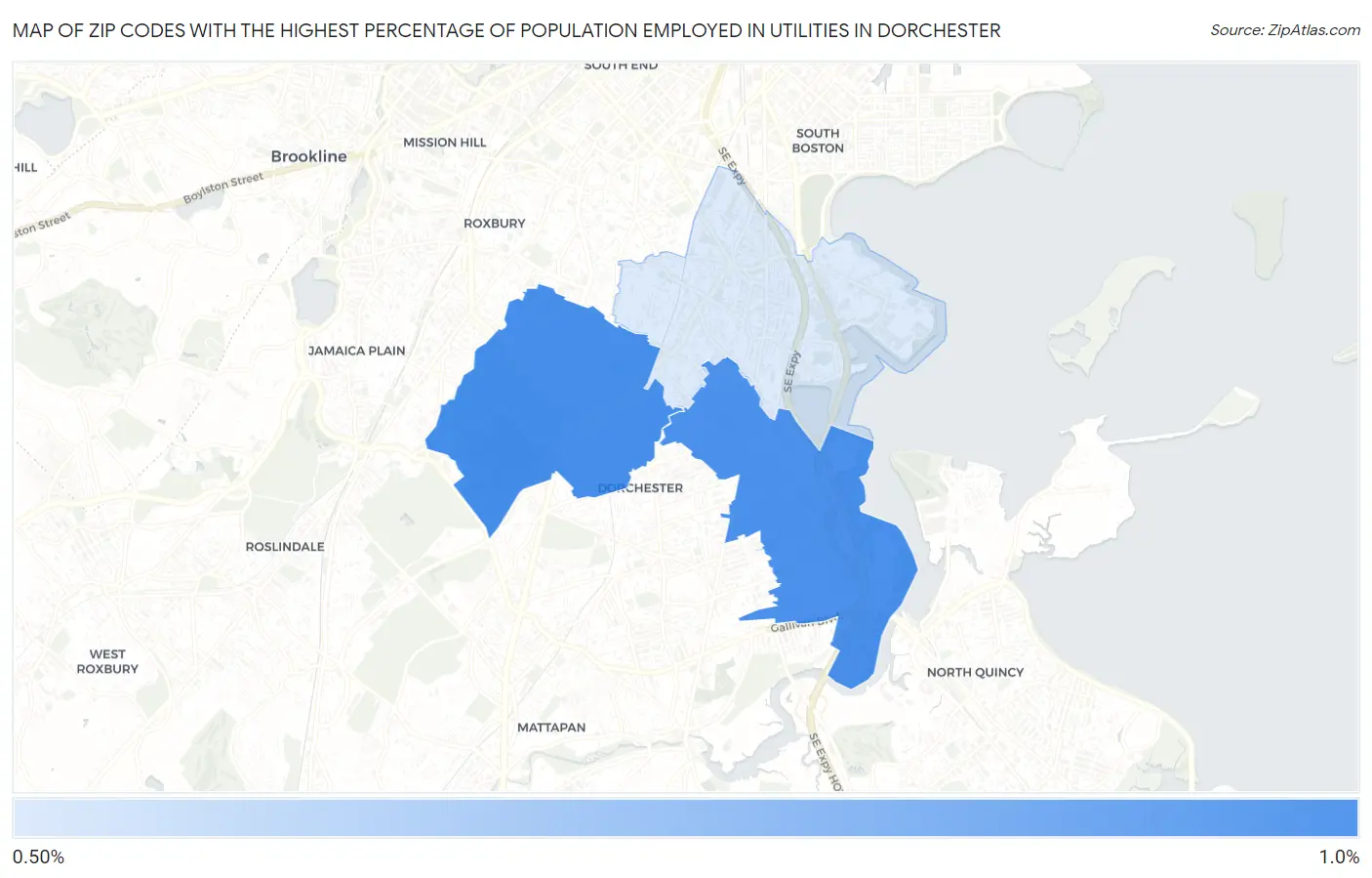 Zip Codes with the Highest Percentage of Population Employed in Utilities in Dorchester Map