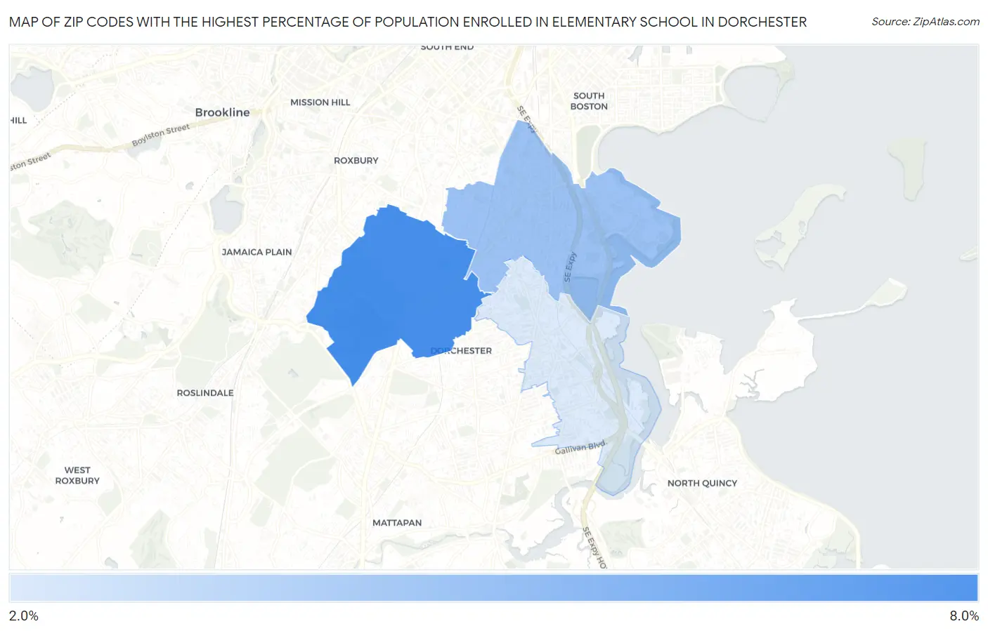 Zip Codes with the Highest Percentage of Population Enrolled in Elementary School in Dorchester Map