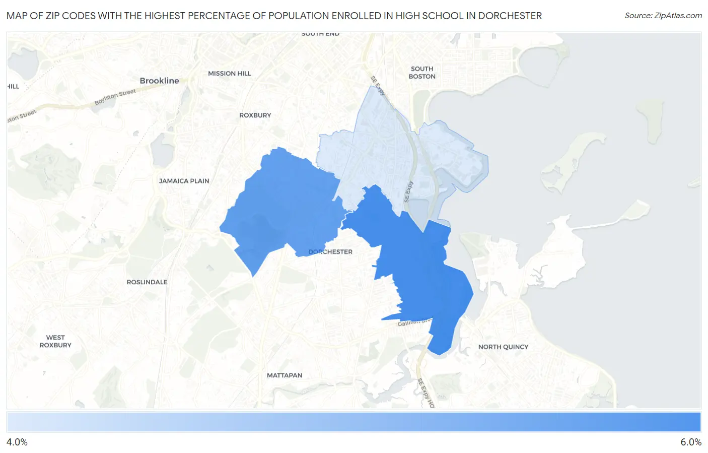 Zip Codes with the Highest Percentage of Population Enrolled in High School in Dorchester Map