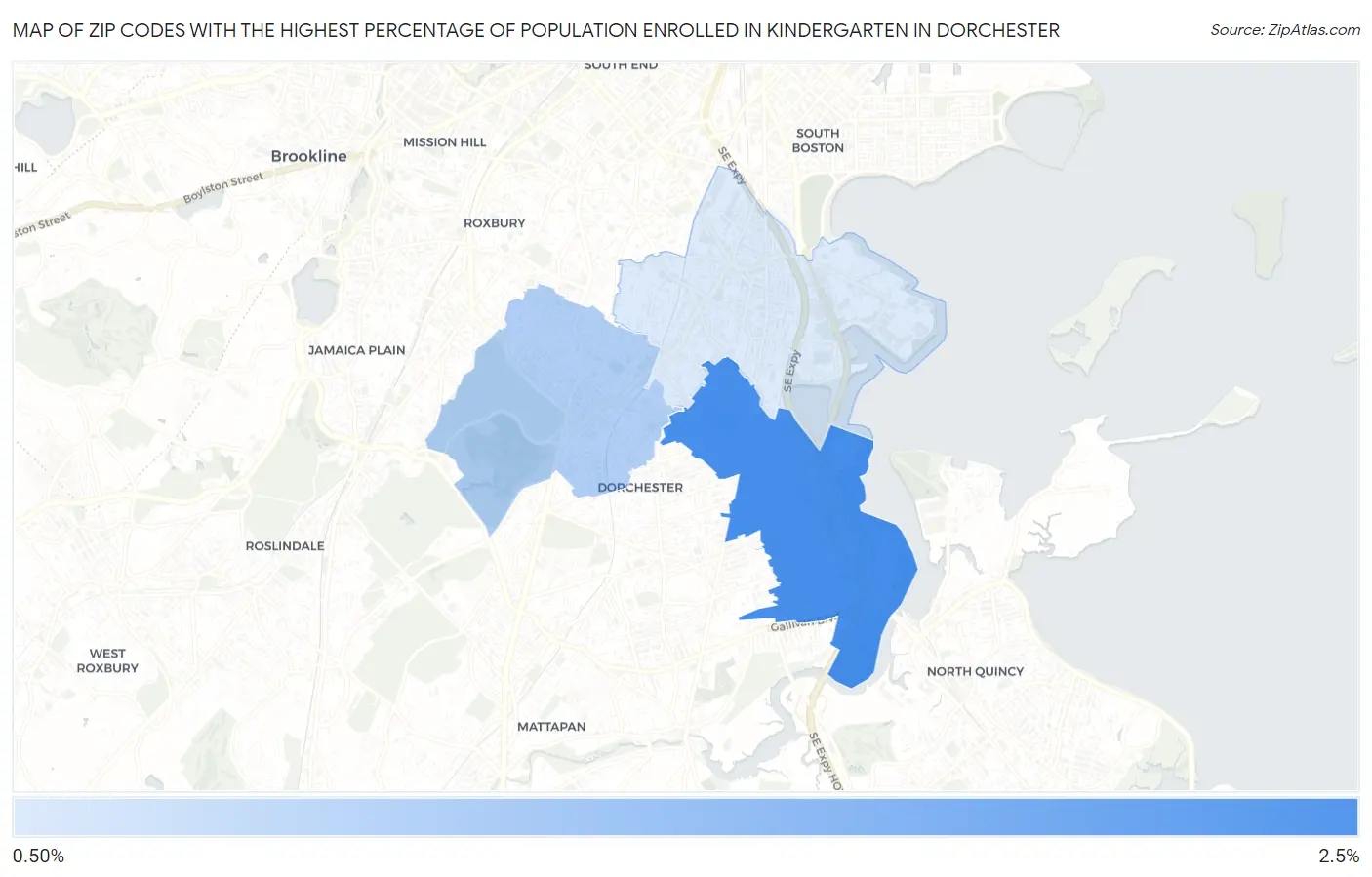 Zip Codes with the Highest Percentage of Population Enrolled in Kindergarten in Dorchester Map